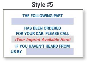 Custom "Parts on Order" Static Clings Parts Department Independent Automobile Dealers Association of California Custom Static Cling Reminder (Style 5)
