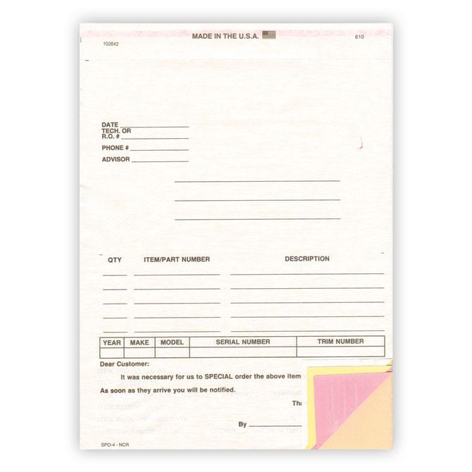 Special Parts Order Forms Parts Department Independent Automobile Dealers Association of California (Form #SPO-4 / DSA-115-4)