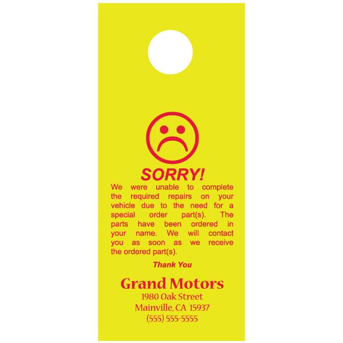 Custom Hang Tags Service Department Independent Automobile Dealers Association of California Yellow