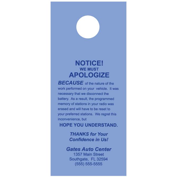 Custom Hang Tags Service Department Independent Automobile Dealers Association of California Blue
