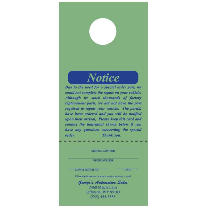 Custom Hang Tags Service Department Independent Automobile Dealers Association of California Green