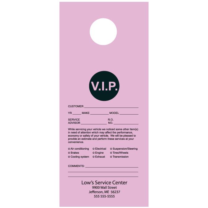 Custom Hang Tags Service Department Independent Automobile Dealers Association of California Pink