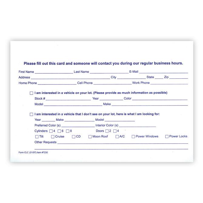 Customer Lead Cards Sales Department Independent Automobile Dealers Association of California