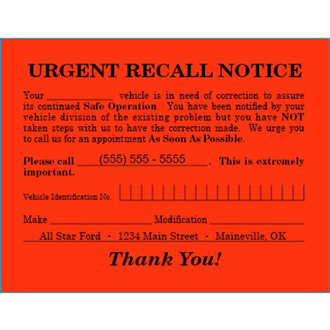 Imprinted Urgent Recall Notice Service Department Independent Automobile Dealers Association of California