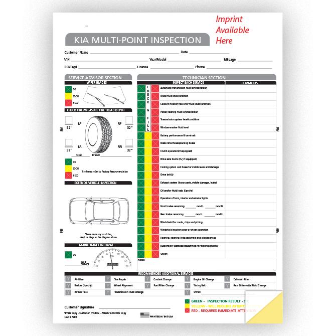 Imprinted Manufacturer Specific Multi-Point Inspection Forms Service Department Independent Automobile Dealers Association of California Kia