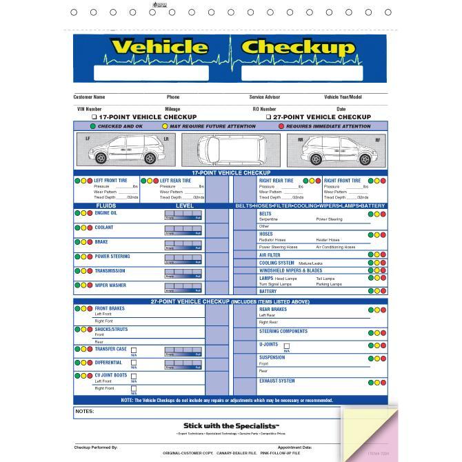 Generic Multi-Point Inspection Forms - Vehicle Checkup Service Department Independent Automobile Dealers Association of California