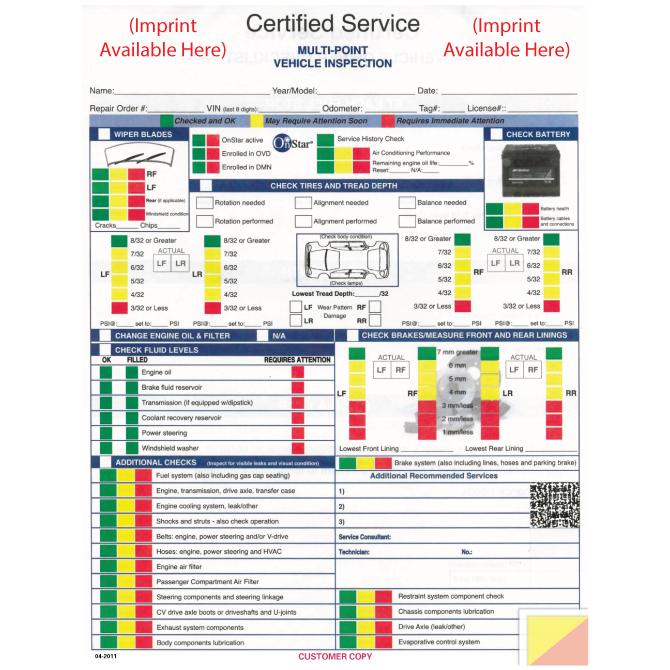 Imprinted Manufacturer Specific Multi-Point Inspection Forms Service Department Independent Automobile Dealers Association of California GM