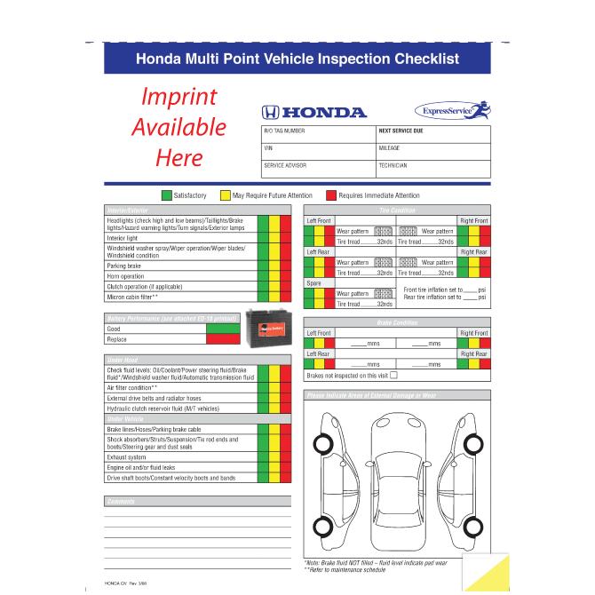 Imprinted Manufacturer Specific Multi-Point Inspection Forms Service Department Independent Automobile Dealers Association of California Honda