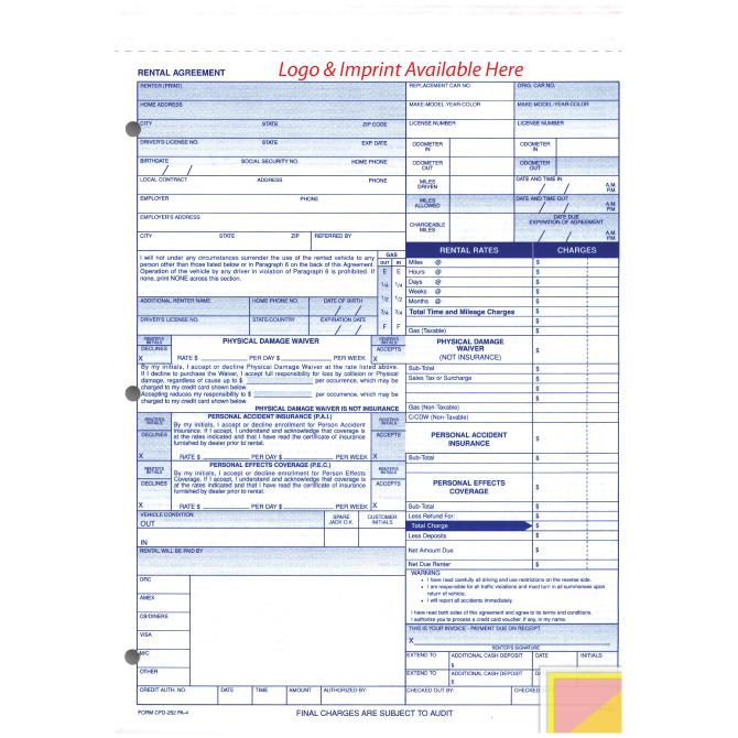 Imprinted Rental Agreement Service Department Independent Automobile Dealers Association of California (Form #CFD-252-PA4)