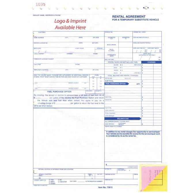 Imprinted Rental Agreement Service Department Independent Automobile Dealers Association of California (Form #RAC)