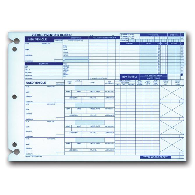 Vehicle Inventory Records (1-Sided) Office Forms Independent Automobile Dealers Association of California (#Form #A-542)