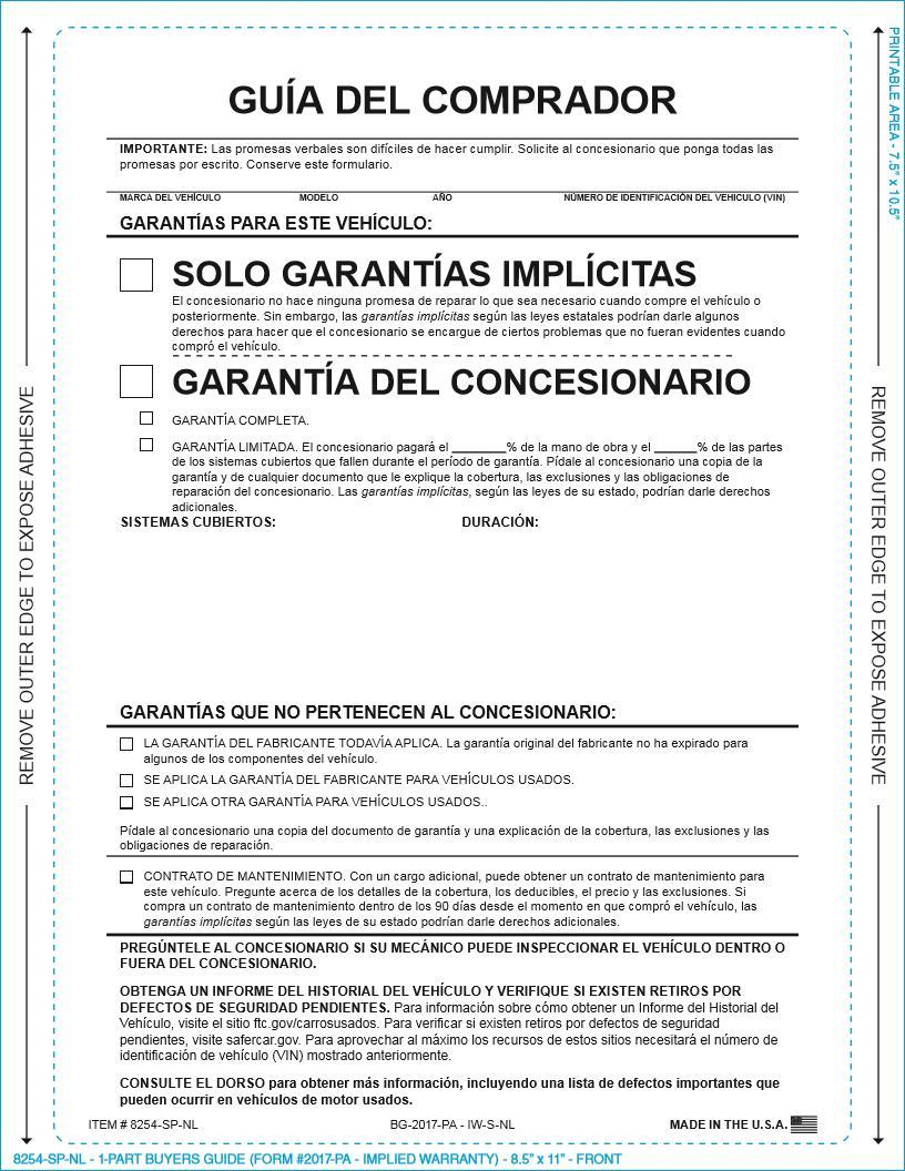 PEEL n SEAL™ 1-Part Buyers Guide - Implied Warranty - No Lines (Spanish) Sales Department Independent Automobile Dealers Association of California