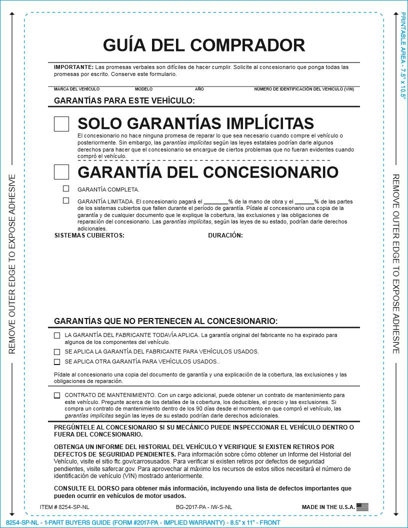 PEEL n SEAL™ Imprinted 1-Part Buyers Guide Sales Department Independent Automobile Dealers Association of California Implied Warranty - No Lines Spanish