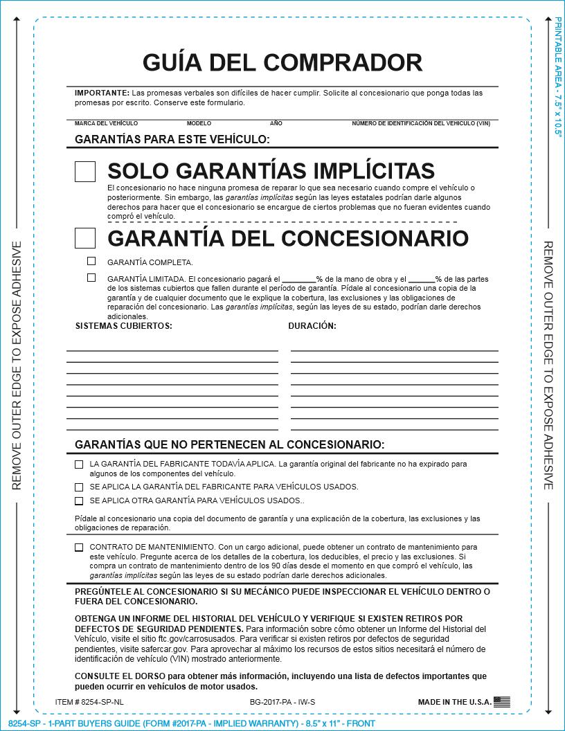 PEEL n SEAL™ Imprinted 1-Part Buyers Guide Sales Department Independent Automobile Dealers Association of California Implied Warranty Spanish