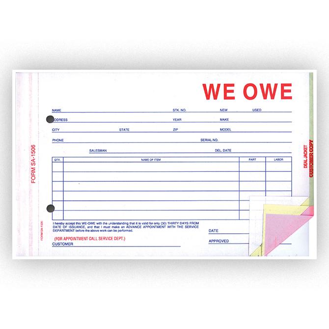 We Owe Form Sales Department Independent Automobile Dealers Association of California 4-Part