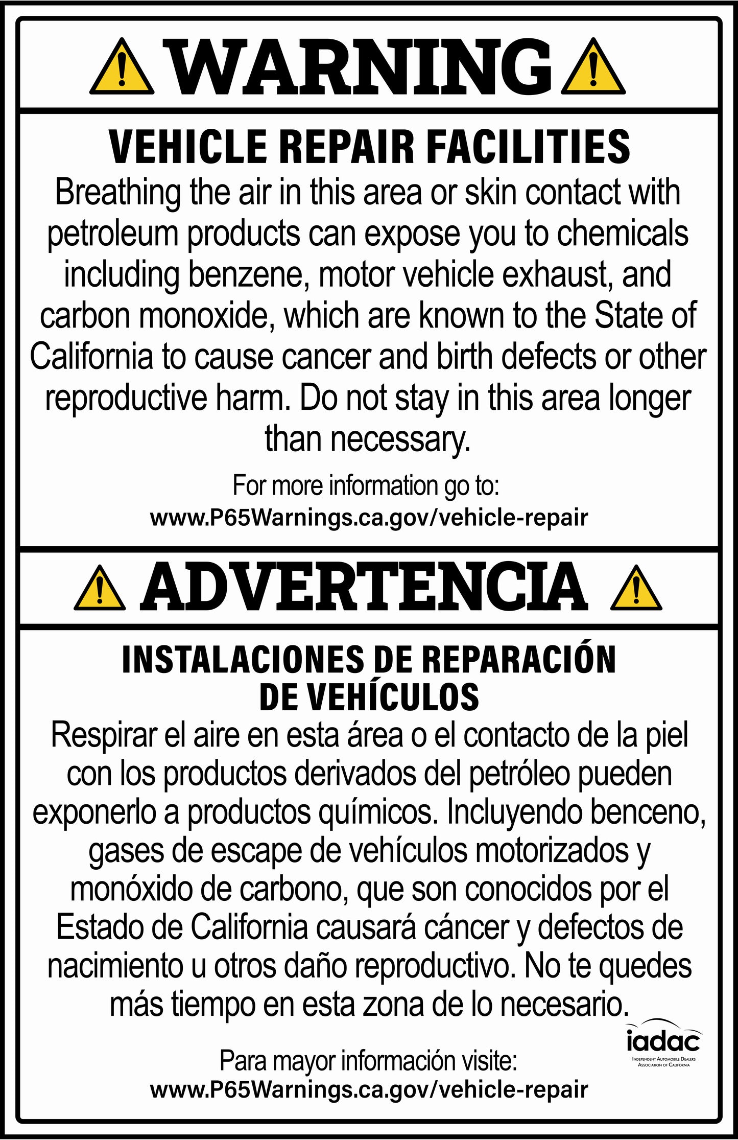 Prop 65 Vehicle Repair Facilities Sign – Bilingual