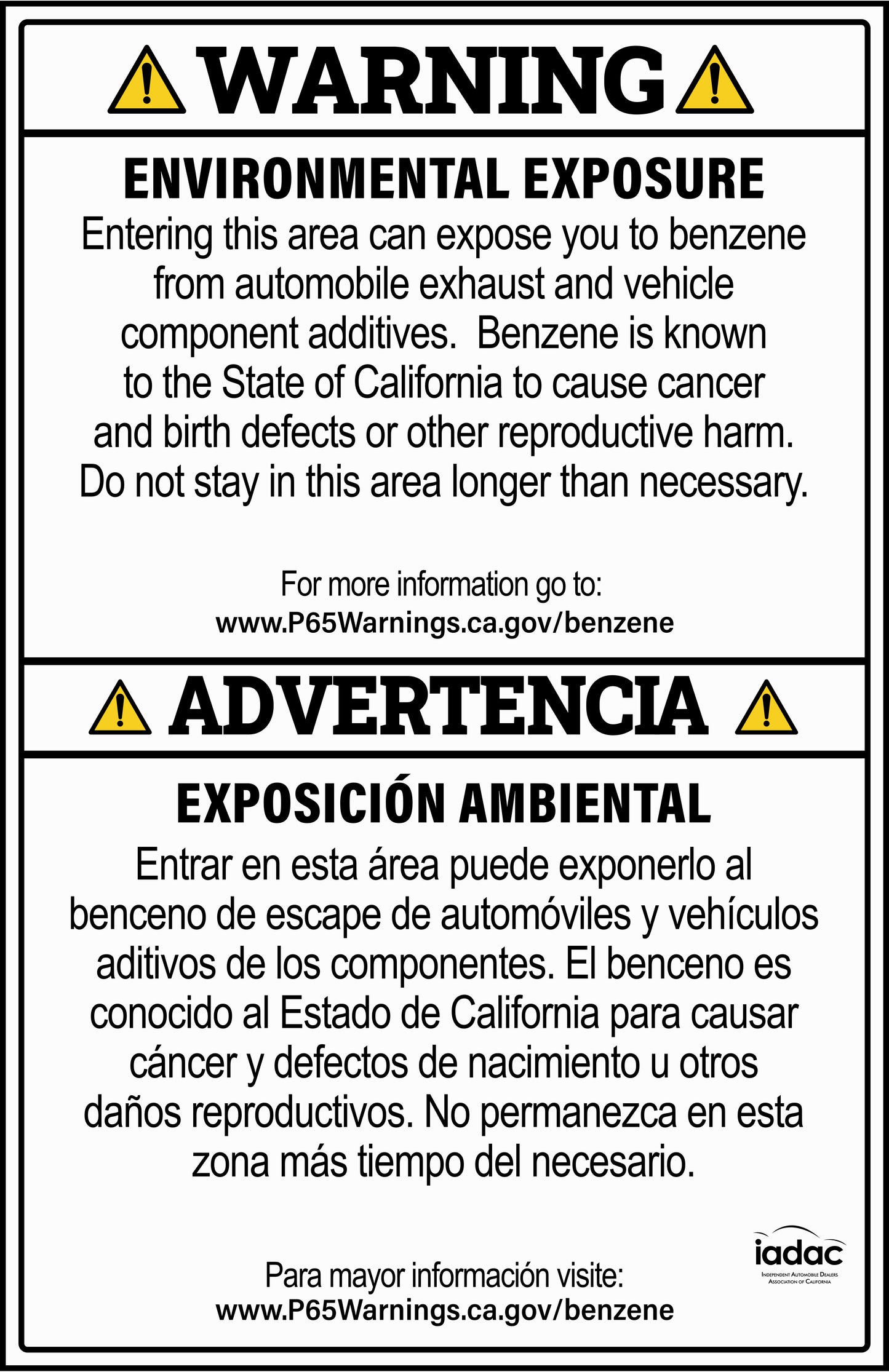 Prop 65 Environmental Exposure / Showroom / Entrance Warning Sign – Bilingual