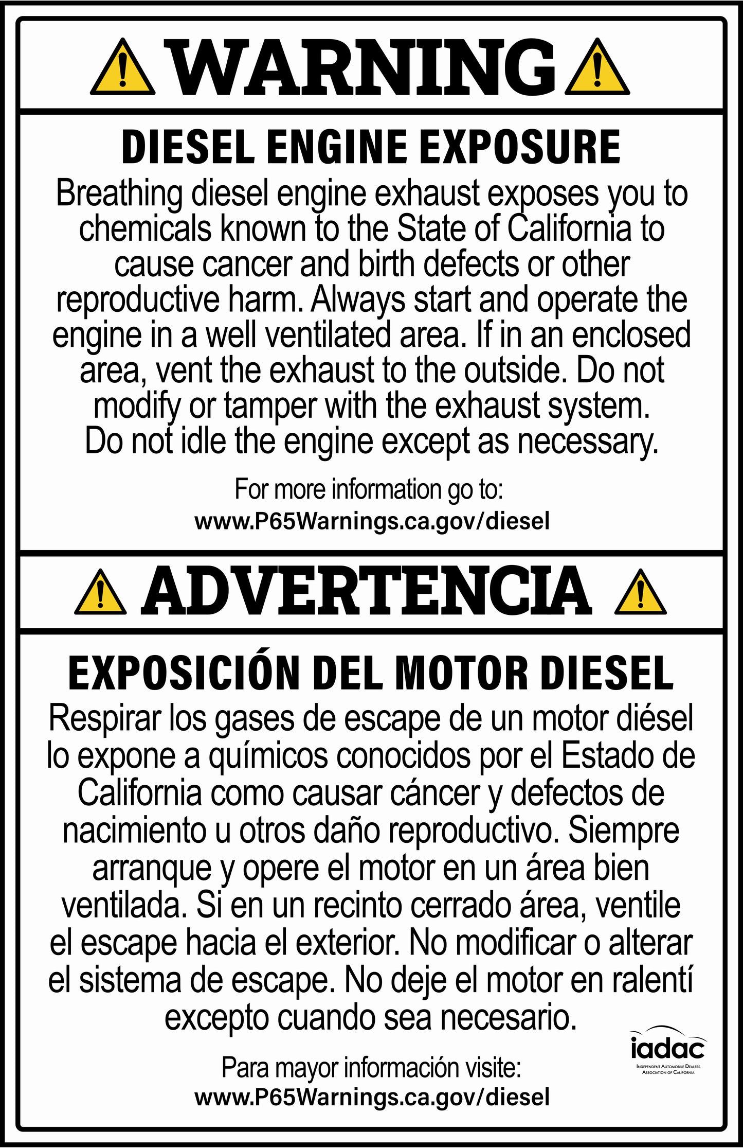 Prop 65 Diesel Engine Exhaust Sign – Bilingual