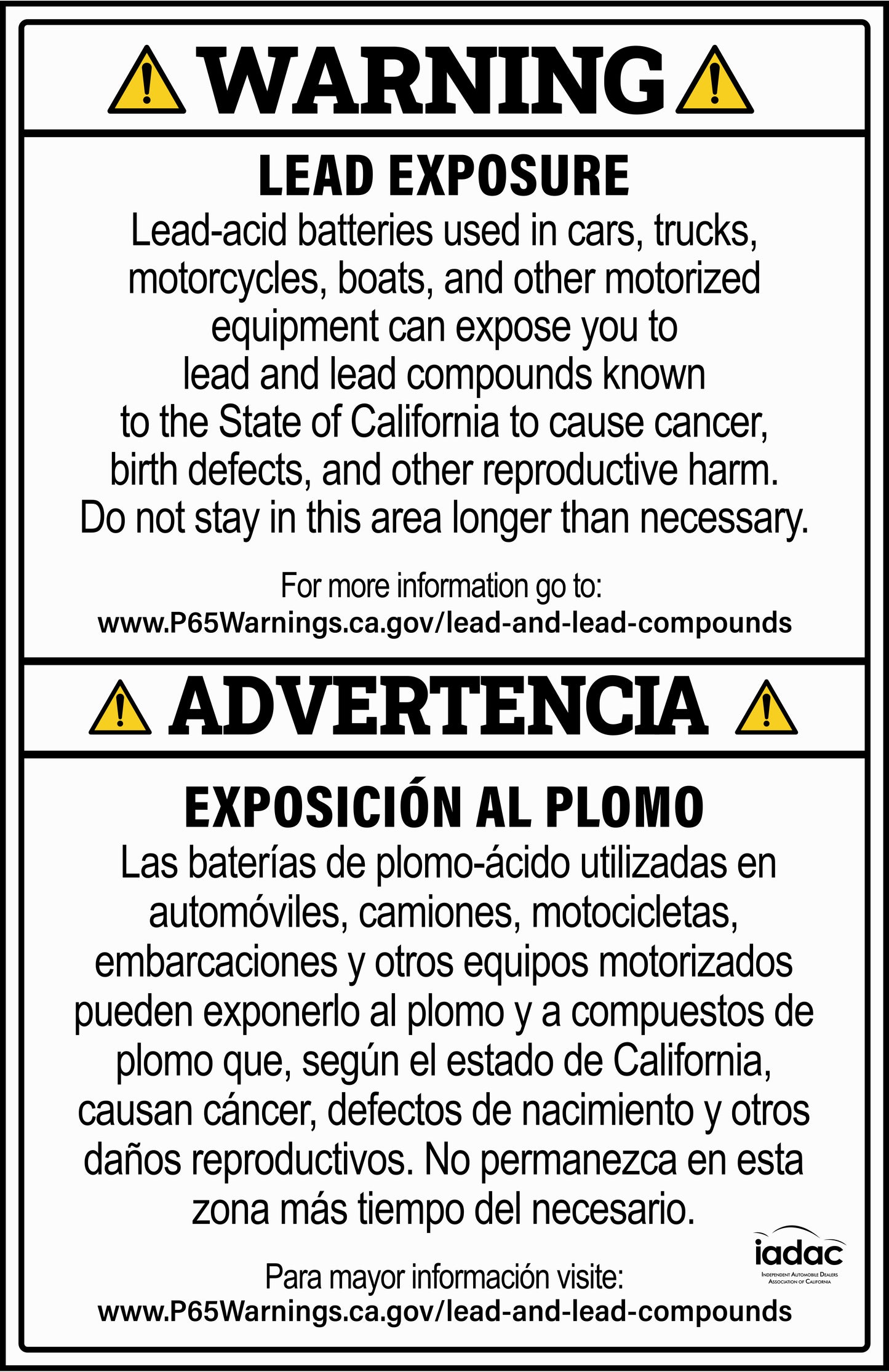 Prop 65 Lead Exposure Sign - Bilingual