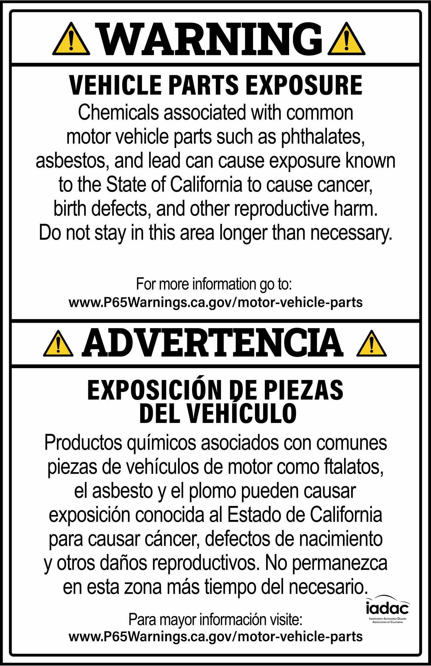 Prop 65 Vehicle Parts Exposure Sign - Bilingual