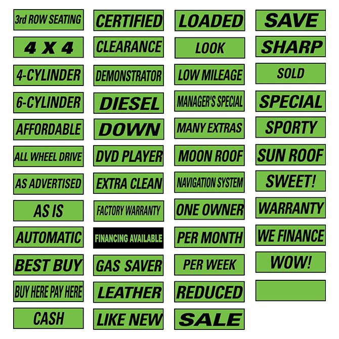 Slogan Window Stickers - Fluorescent Green and Black Sales Department Independent Automobile Dealers Association of California