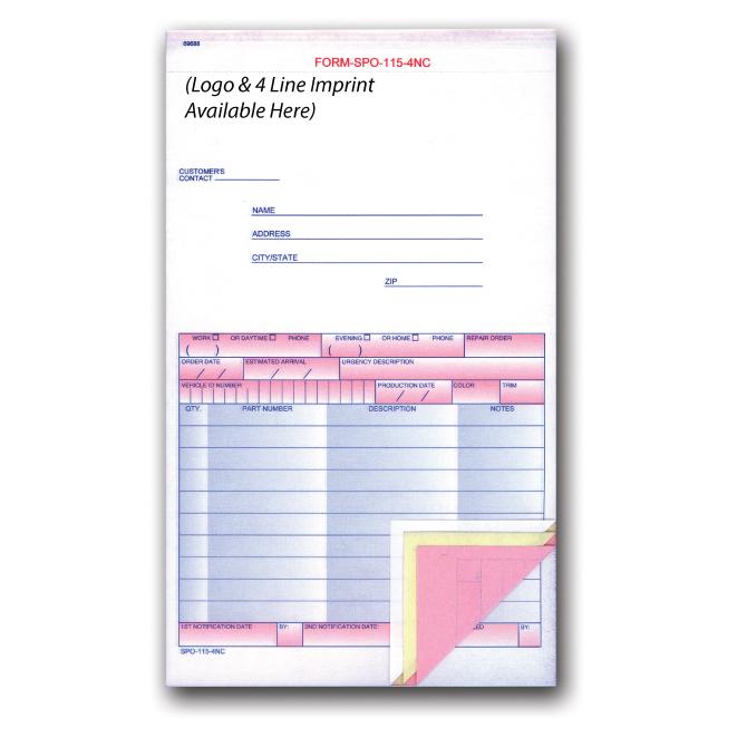 Imprinted Special Parts Order Forms Parts Department Independent Automobile Dealers Association of California (Form #SPO-115-4NC)