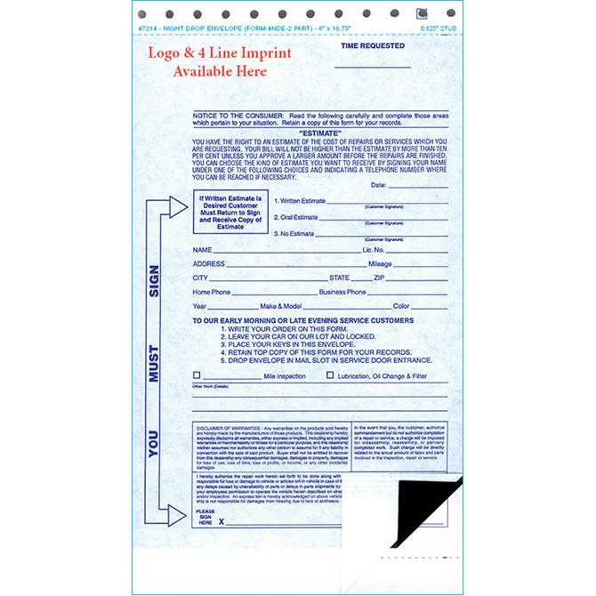 Imprinted Night Drop Envelopes Service Department Independent Automobile Dealers Association of California 2 Part (State)