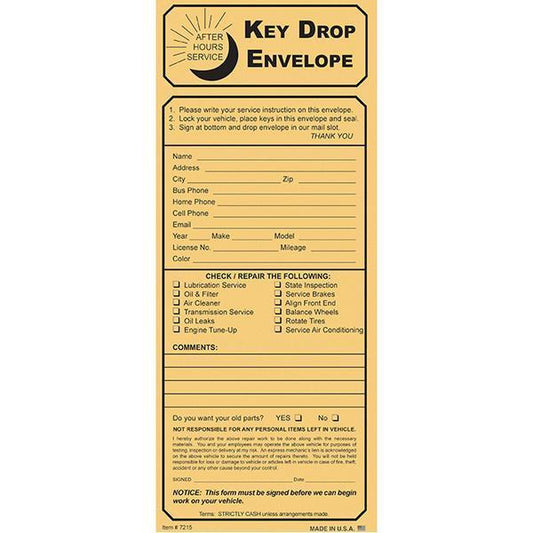 Kraft Key Drop Night Drop Envelopes (100 Per Box) Service Department Independent Automobile Dealers Association of California Kraft Key Drop with Checklist