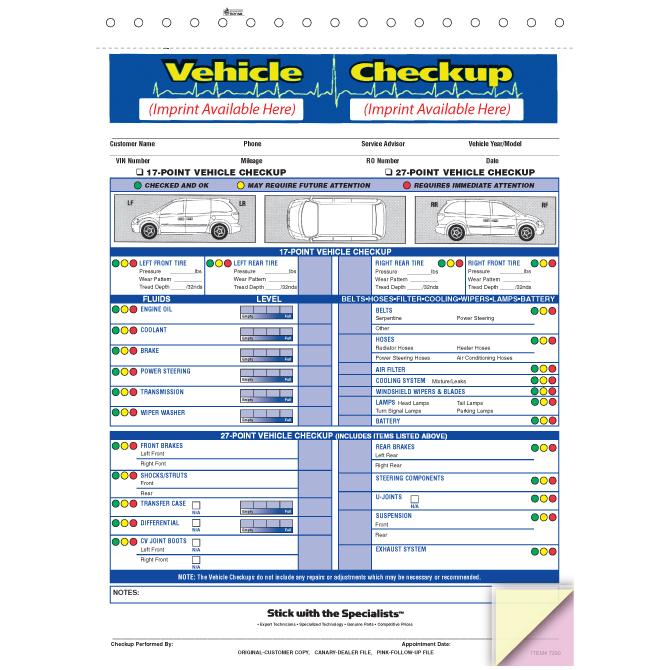 Imprinted Generic Multi-Point Inspection Forms Service Department Independent Automobile Dealers Association of California Generic - Vehicle Checkup