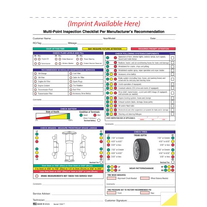 Imprinted Generic Multi-Point Inspection Forms Service Department Independent Automobile Dealers Association of California Generic - Multi Point