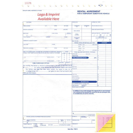 Imprinted Rental Agreement Service Department Independent Automobile Dealers Association of California (Form #RAC)