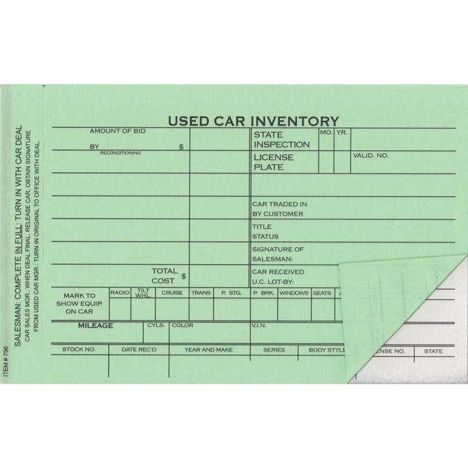 Used Car Inventory Card Office Forms Independent Automobile Dealers Association of California