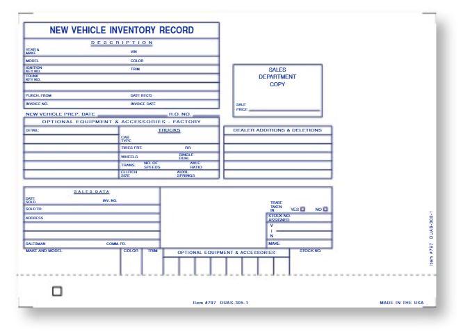 Vehicle Inventory Cards Office Forms Independent Automobile Dealers Association of California