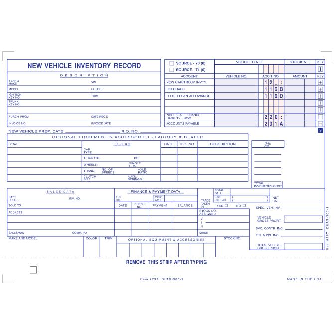 Vehicle Inventory Cards Office Forms Independent Automobile Dealers Association of California New