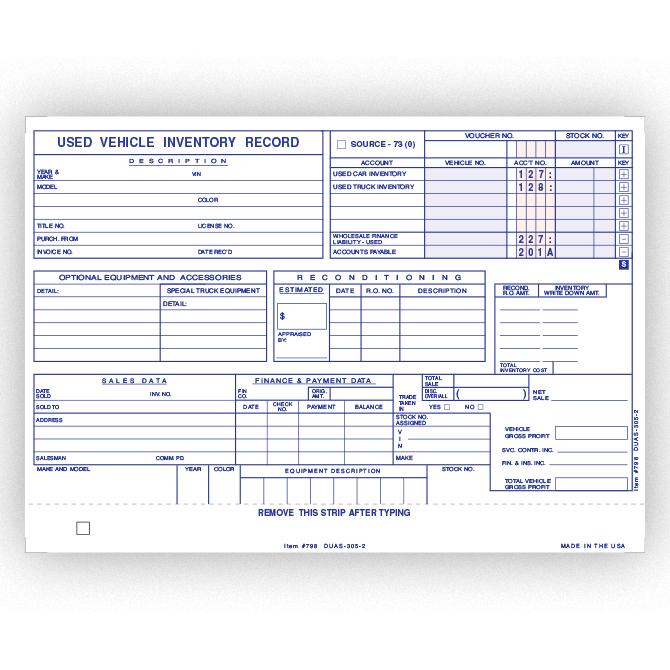 Vehicle Inventory Cards Office Forms Independent Automobile Dealers Association of California Used