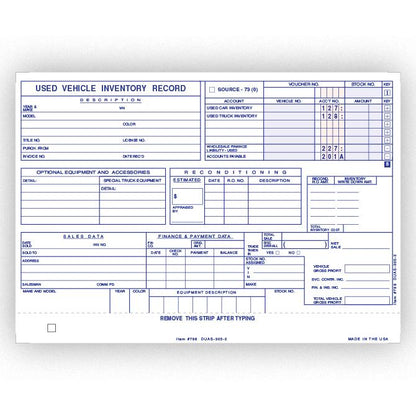 Vehicle Inventory Cards Office Forms Independent Automobile Dealers Association of California Used