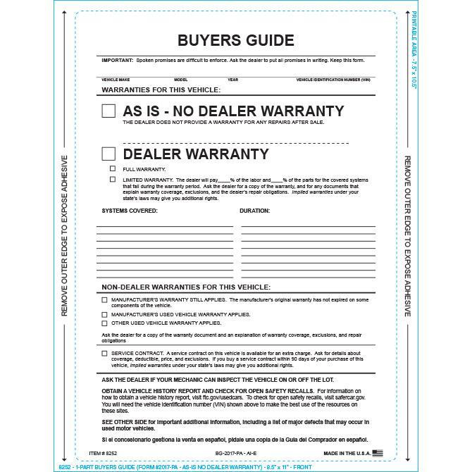 PEEL n SEAL™ 1-Part Buyers Guide - As Is Sales Department Independent Automobile Dealers Association of California