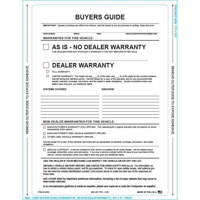 PEEL n SEAL™ Imprinted 1-Part Buyers Guide Sales Department Independent Automobile Dealers Association of California As Is English