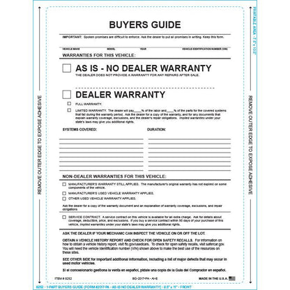 PEEL n SEAL™ Imprinted 1-Part Buyers Guide Sales Department Independent Automobile Dealers Association of California As Is English