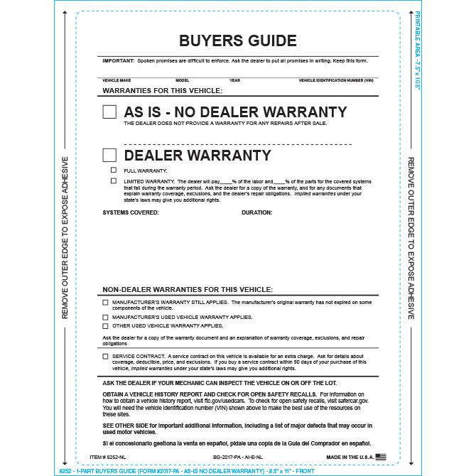 PEEL n SEAL™ Imprinted 1-Part Buyers Guide Sales Department Independent Automobile Dealers Association of California As Is - No Lines English