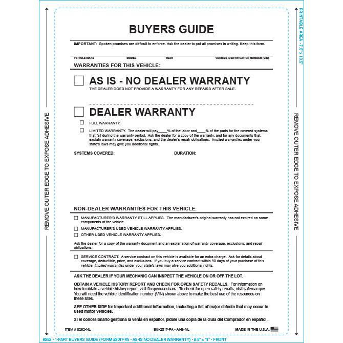 PEEL n SEAL™ 1-Part Buyers Guide - As Is - No Lines Sales Department Independent Automobile Dealers Association of California