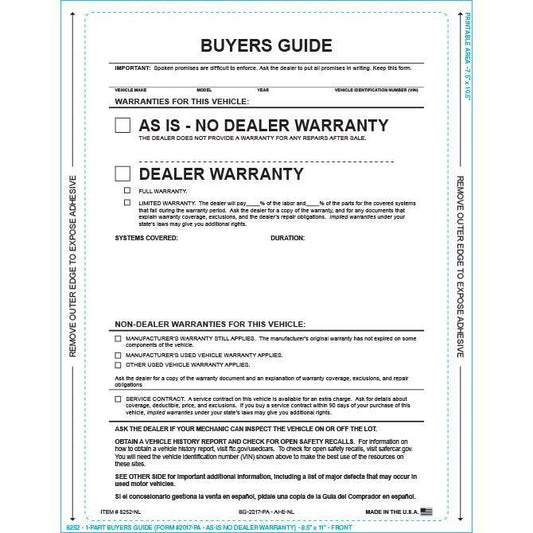 PEEL n SEAL™ 1-Part Buyers Guide - As Is - No Lines Sales Department Independent Automobile Dealers Association of California