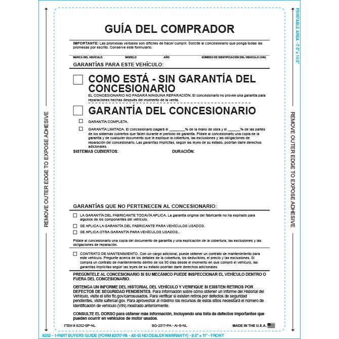 PEEL n SEAL™ 1-Part Buyers Guide Sales Department Independent Automobile Dealers Association of California As Is - No Lines Spanish