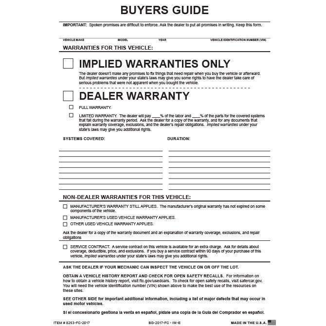 File Copy Buyers Guide Sales Department Independent Automobile Dealers Association of California (Form #BG-2017 FC - IW-E)