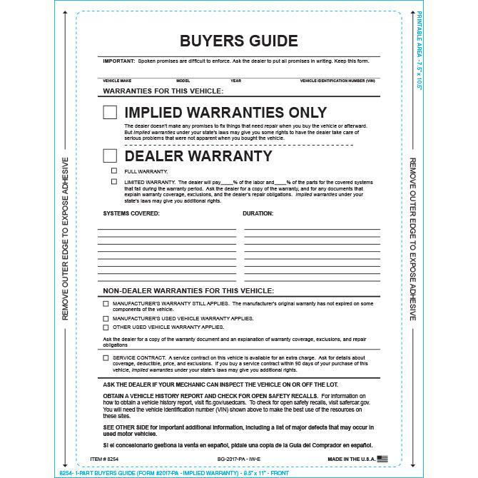 PEEL n SEAL™ 1-Part Buyers Guide - Implied Warranty Sales Department Independent Automobile Dealers Association of California