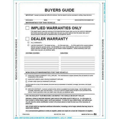 PEEL n SEAL™ Imprinted 1-Part Buyers Guide Sales Department Independent Automobile Dealers Association of California Implied Warranty English