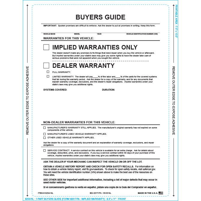 PEEL n SEAL™ Imprinted 1-Part Buyers Guide Sales Department Independent Automobile Dealers Association of California Implied Warranty - No Lines English