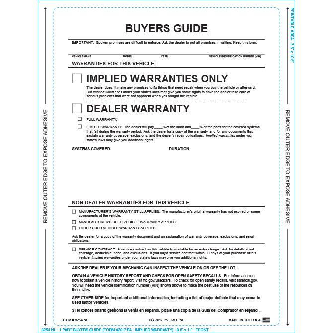 PEEL n SEAL™ 1-Part Buyers Guide - Implied Warranty - No Lines Sales Department Independent Automobile Dealers Association of California