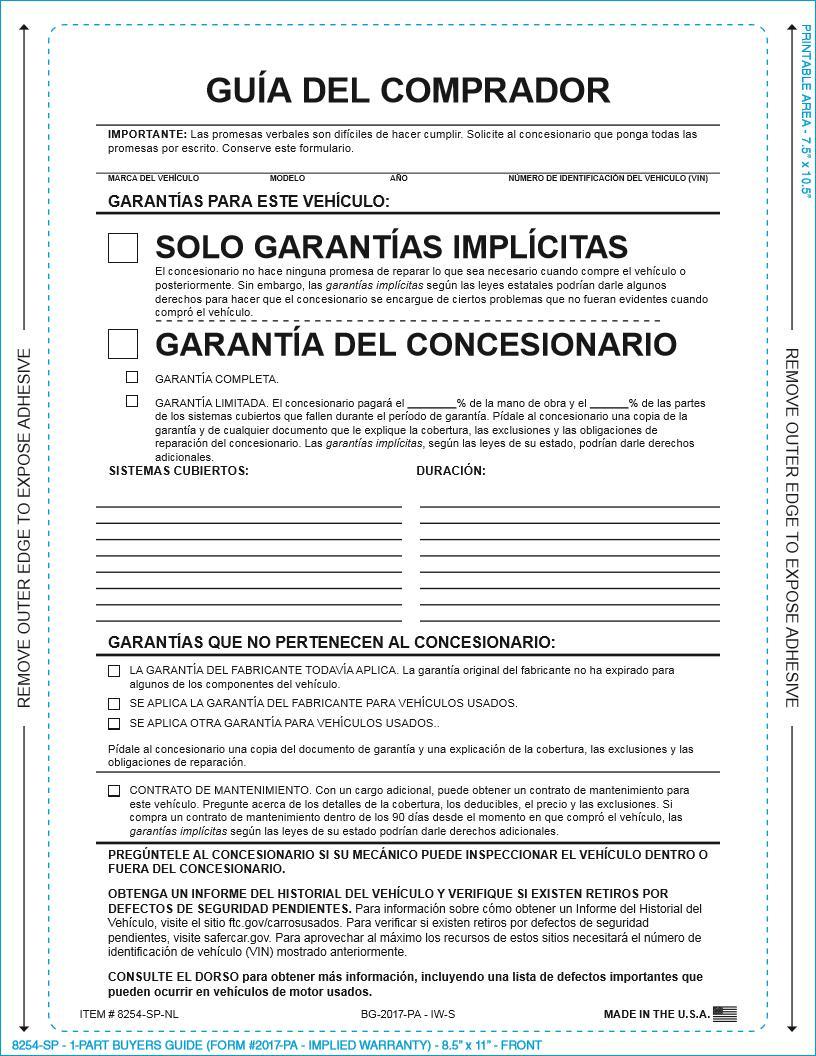 PEEL n SEAL™ 1-Part Buyers Guide - Implied Warranty (Spanish) Sales Department Independent Automobile Dealers Association of California