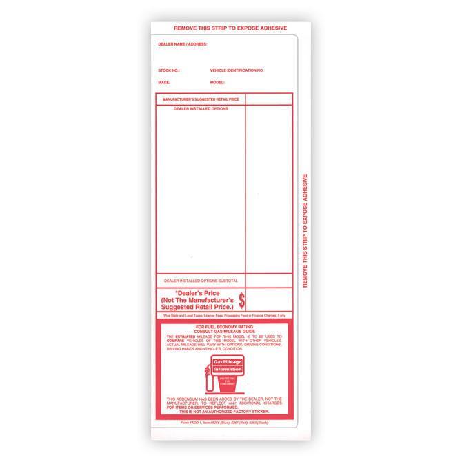 Pre-Printed Addendum Stickers (Self-Adhesive) Sales Department Independent Automobile Dealers Association of California Red